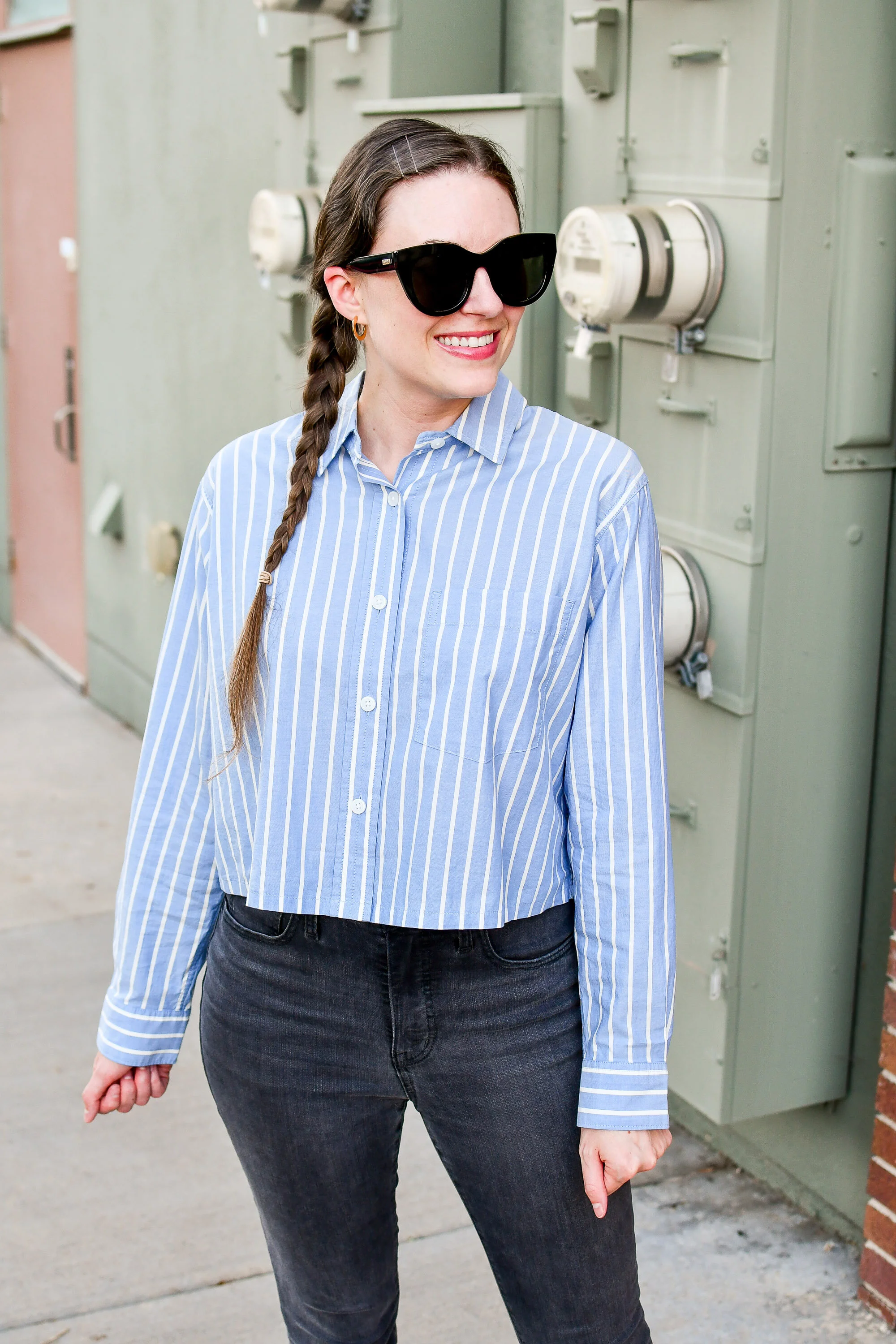 Grey striped sale shirt outfit